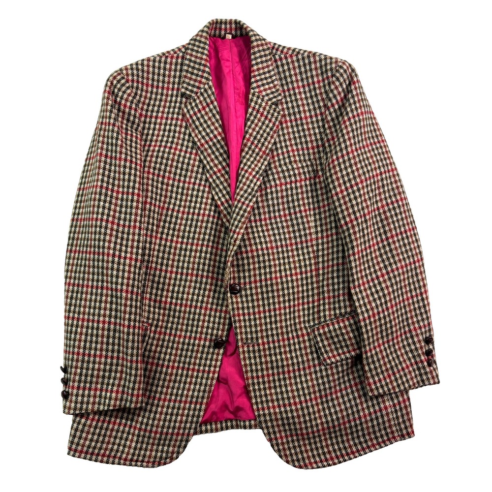 vtg 70s Red Multi Color Plaid Tweed 44R Blazer Jacket Sport Suit Coat Heavy Wool
